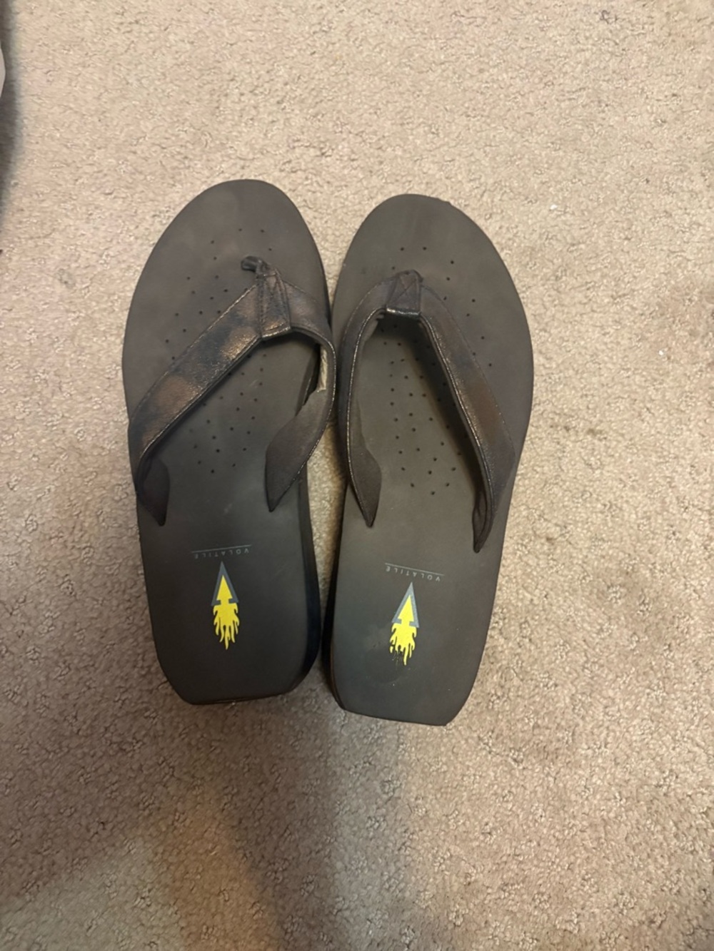 Ladies Volatile Bronze color wedge Flip Flop Sandals with Yellow logo